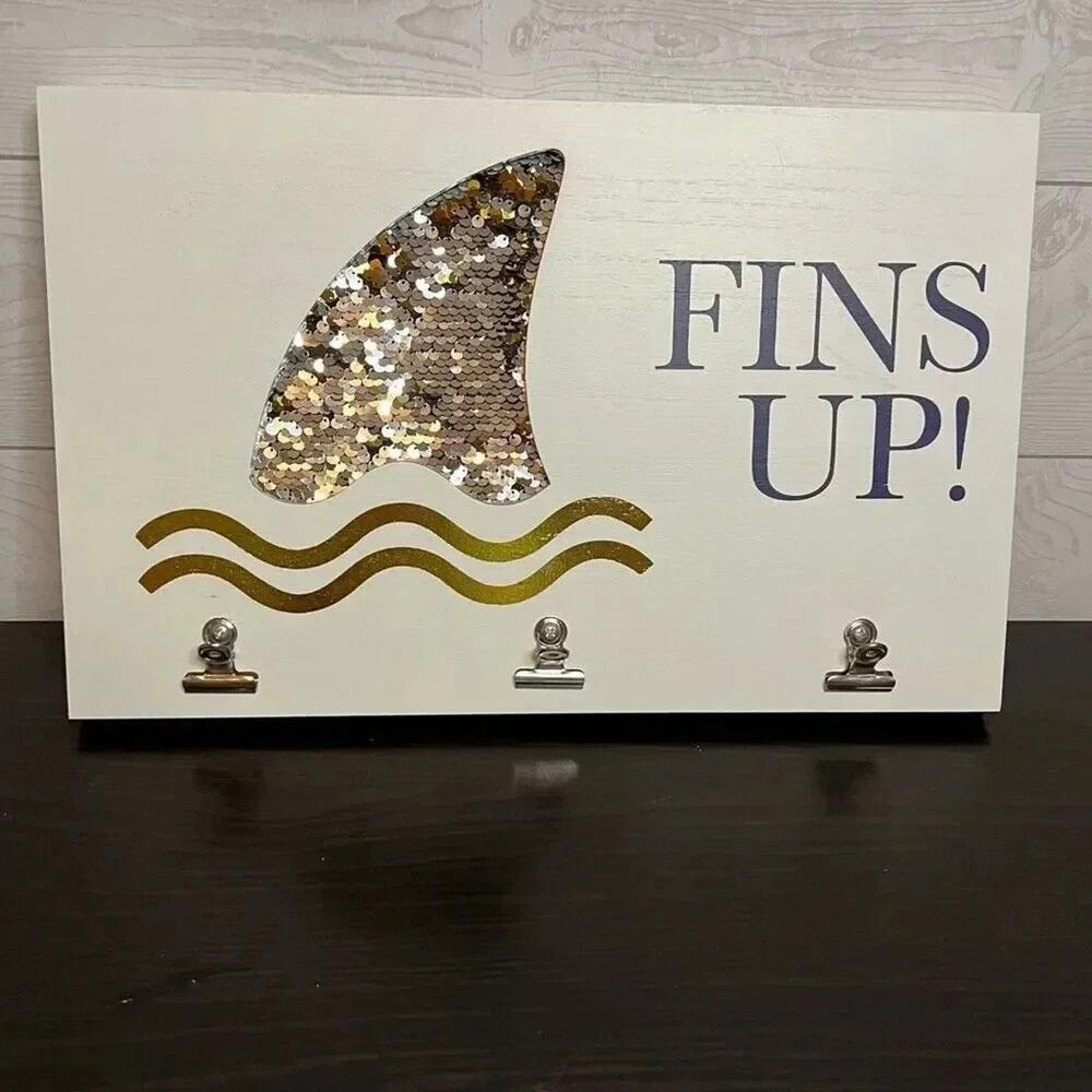 “Fins Up” wood artwork display with reverse sequin fin 16 x 10